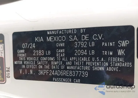 2024 Kia Forte Lxs из США, поврежденный, VIN 3KPF24AD6RE837739
